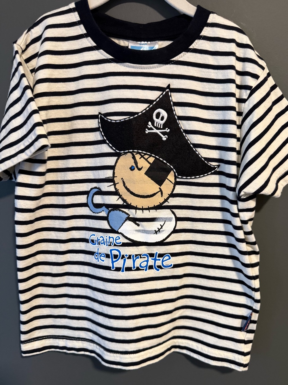 Boy’s French Size 8 Navimer Striped Pirate Tee with Embroidery and Felt Detail